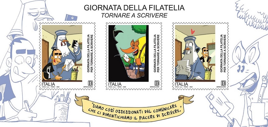 Tre francobolli celebrativi della Giornata della Filatelia
