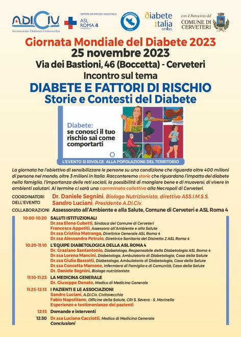 "Diabete e fattori a rischio - Storie e contesti del diabete", è questo il titolo dell'incontro pubblico che si svolgerà sabato 25 Novembre a partire dalle ore 10:00 presso il Centro Anziani