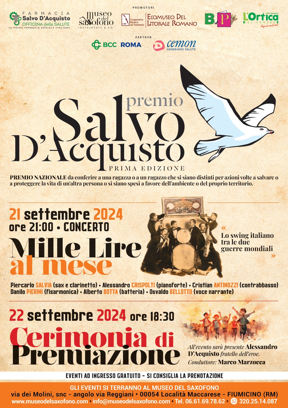 Premio Salvo D'Acquisto al Museo del Saxofono il 21 e 22 settembre